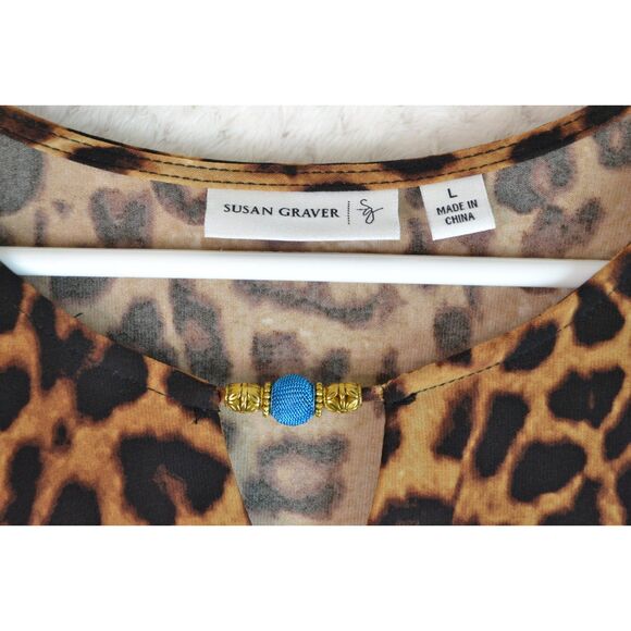 Susan Graver Women's Large Brown Animal Print Liquid Knit 3/4 Sleeve Blouse - Picture 4 of 11